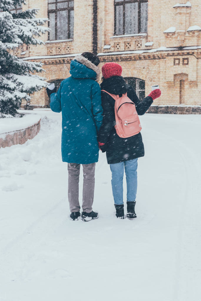 zadní pohled na páru s thermocups, drželi se za ruce v zimě - Fotografie, Obrázek