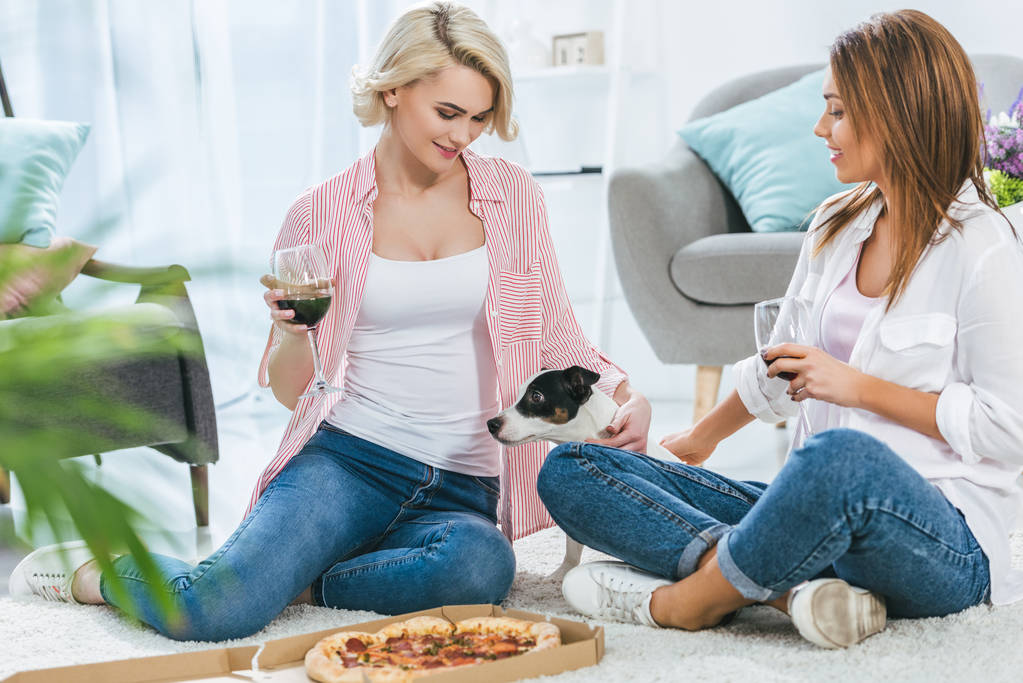 meisjes en de hond zittend op de vloer met pizza en glazen rode wijn  - Foto, afbeelding
