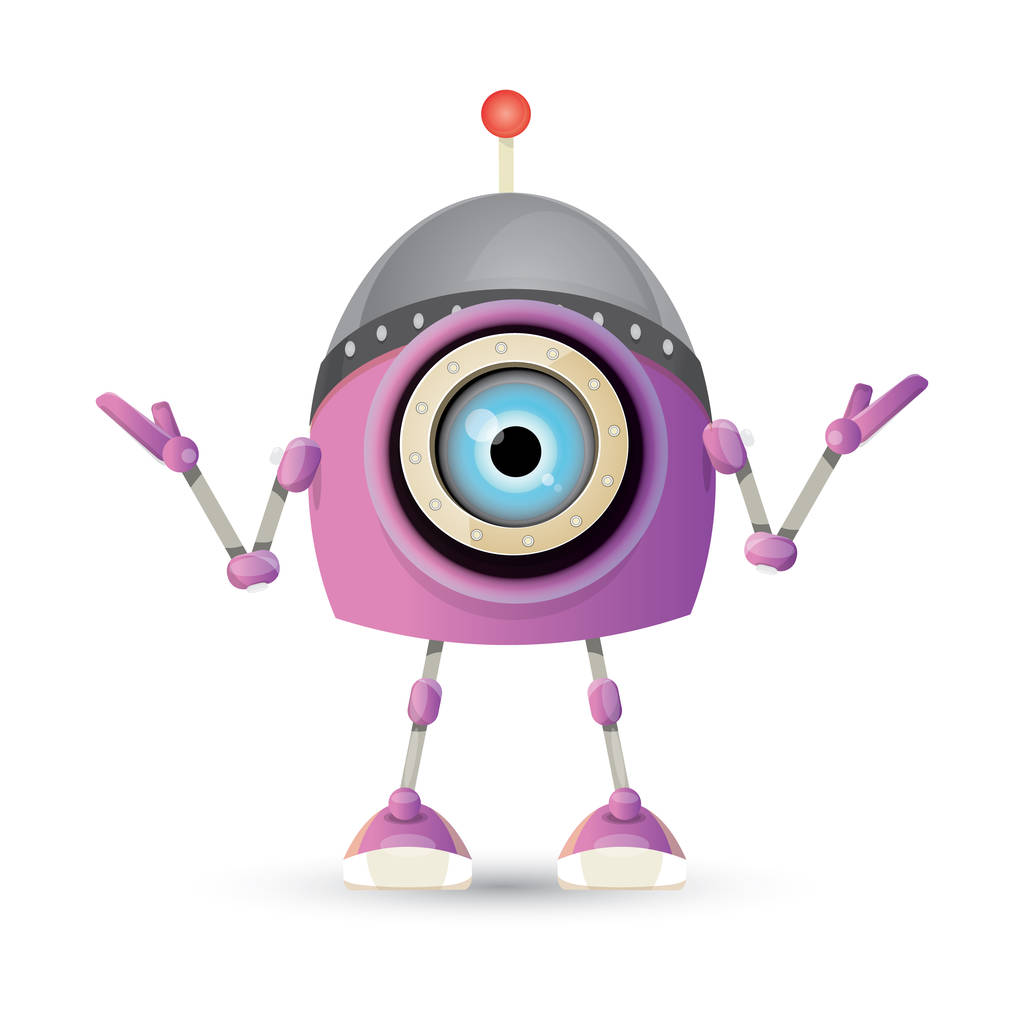 vektori hauska sarjakuva violetti ystävällinen robotti merkki eristetty valkoisella taustalla. Lapset 3D robotti lelu. chat-botti-kuvake
 - Vektori, kuva