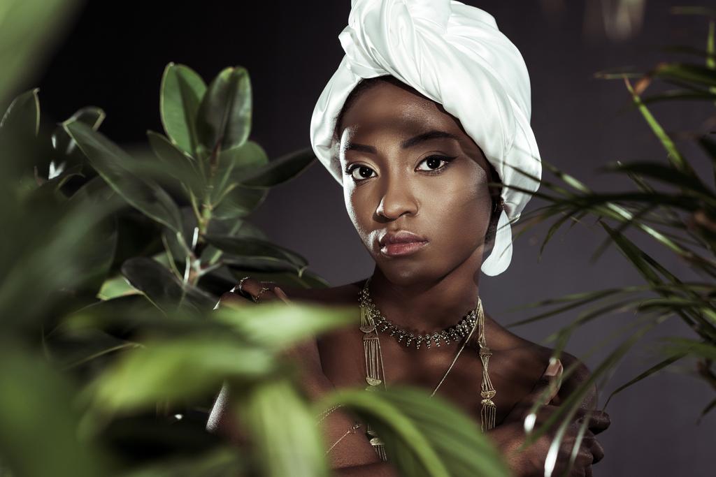 atractiva mujer afroamericana en envoltura de cabeza de alambre blanco detrás de hojas
 - Foto, imagen