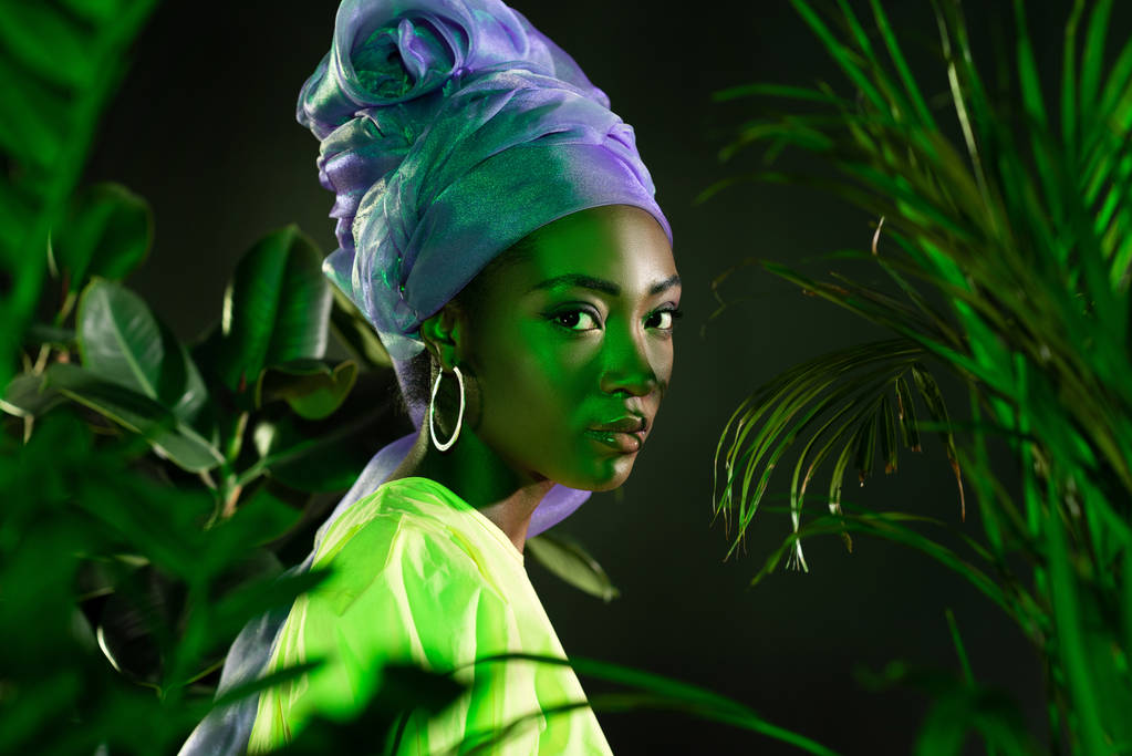 mulher americana africana atraente em envoltório de cabeça de arame tradicional sob luz verde atrás de folhas olhando para a câmera
 - Foto, Imagem