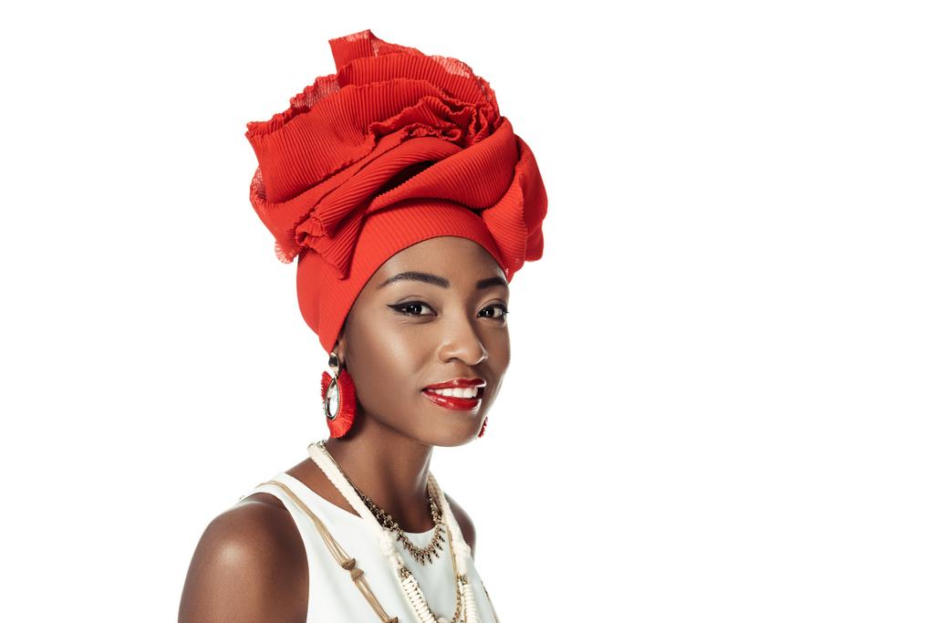 young african american woman in wire head wrap isolated on white - Photo, Image