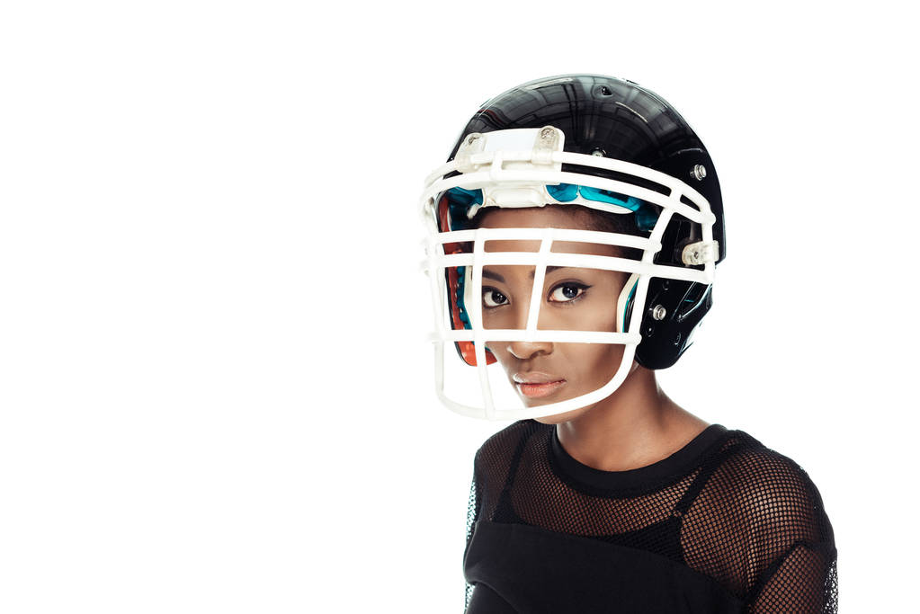 giocatore di football americano in casco protettivo isolato su bianco
 - Foto, immagini