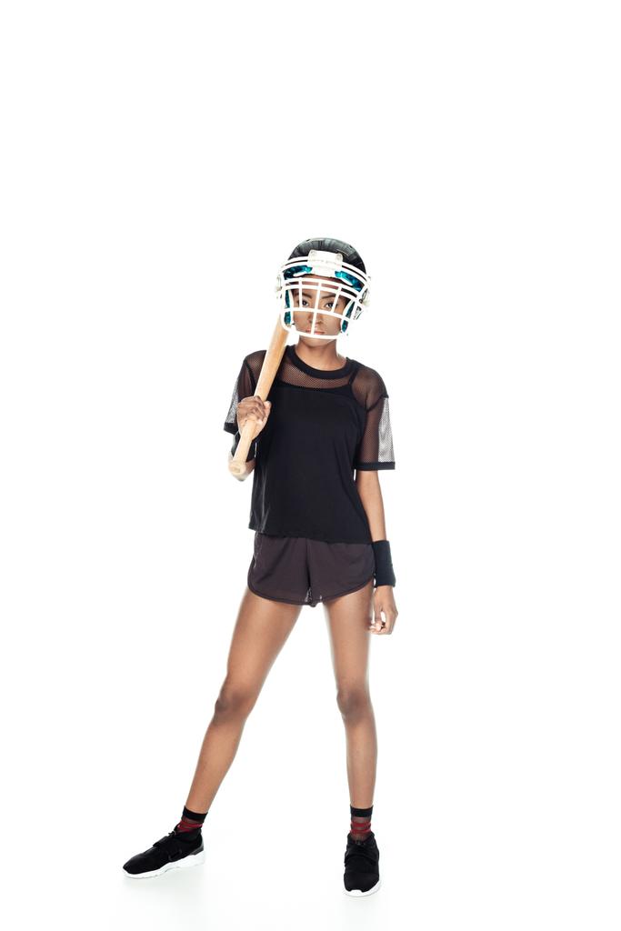 jugador de béisbol femenino en casco con bate aislado en blanco
 - Foto, imagen