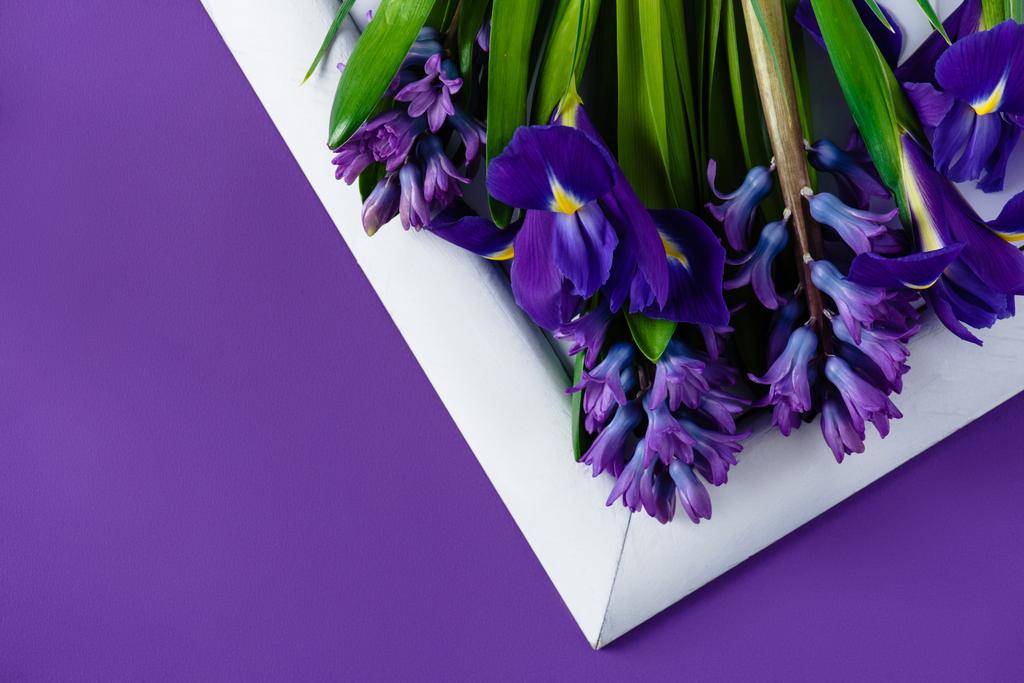 bloemen op witte frame op paarse oppervlak (bovenaanzicht) - Foto, afbeelding