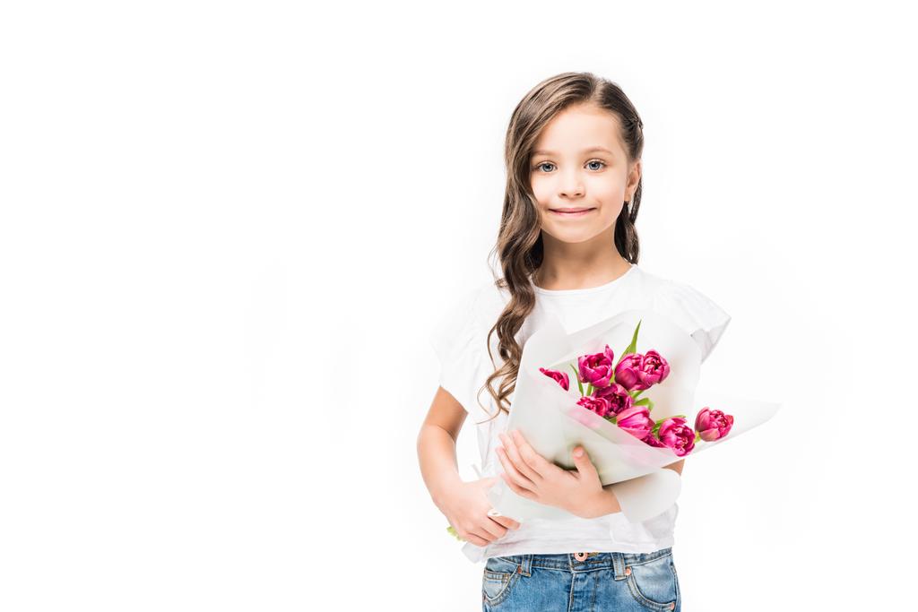 portrait of cute smiling child with bouquet of flowers in hands isolated on white, mothers day concept - Photo, Image