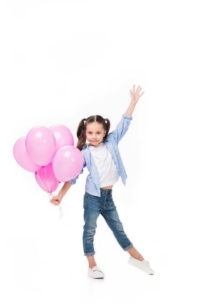 adorable little kid with pink balloons isolated on white - Photo, Image