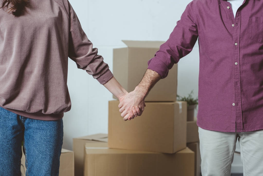 cropped shot of couple holding hands while moving home - Photo, Image