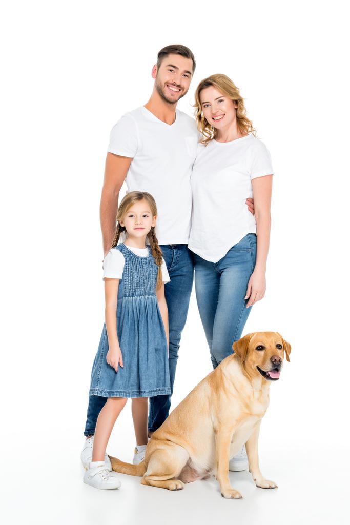 smiling parents and daughter with golden retriever dog, isolated on white - Photo, Image