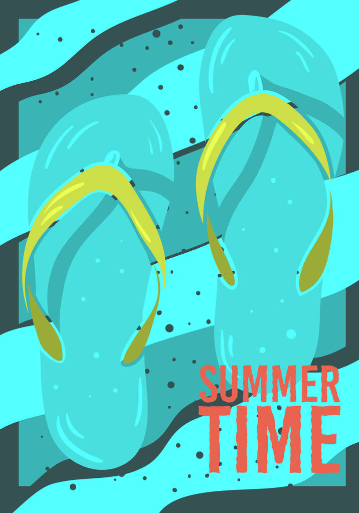 Plage Heure d'été Poster Design Avec Tongs Pantoufles Chaussures de Plage Dessiné à la Main Illustrations
. - Vecteur, image