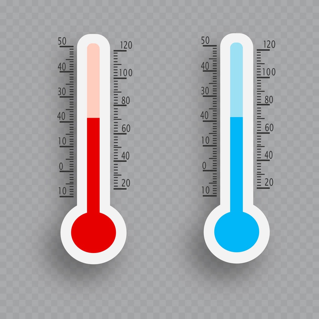Meteorologie teploměry, samostatný. Teplota studené a tepla. Vektorové ilustrace. Stupních Celsia a Fahrenheita - Vektor, obrázek