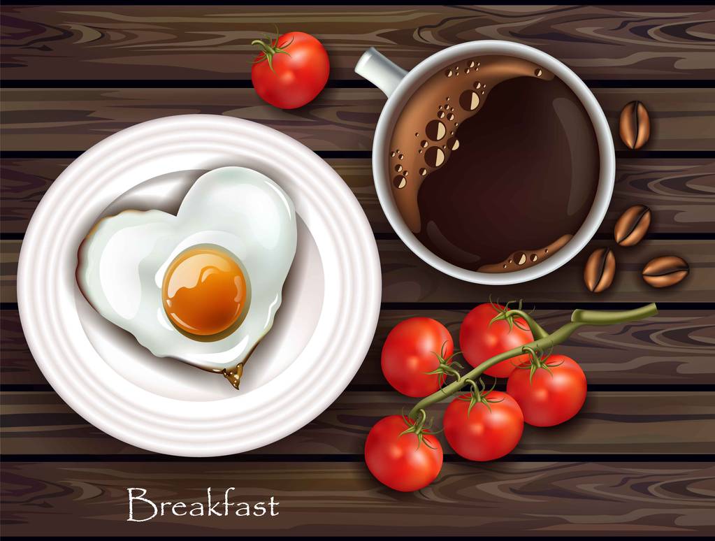 Vektor reális reggeli tojás és a zacc. Fából készült szerkezet háttérben. Szemközti nézet - Vektor, kép