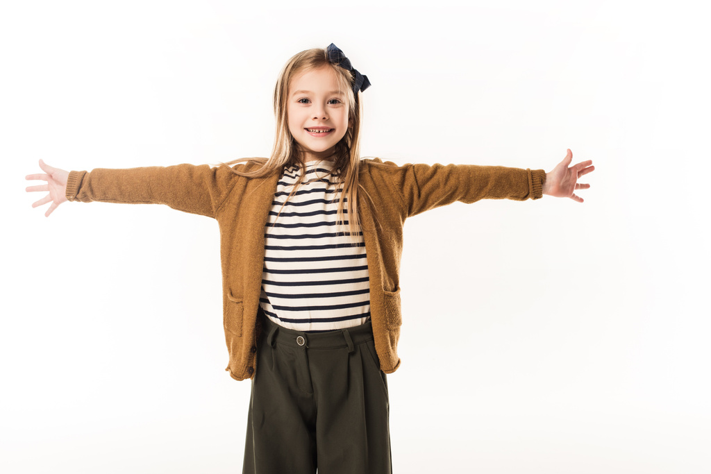 adorable little child with outstretched arms ready to hug isolated on white - Photo, Image