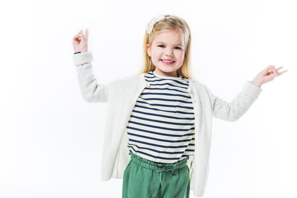 счастливый маленький ребенок показывает жесты мира изолированы на белом
 - Фото, изображение