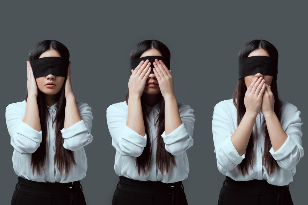 variações de mulher jovem em preto venda fechando orelhas, olhos e boca isolado em cinza
 - Foto, Imagem