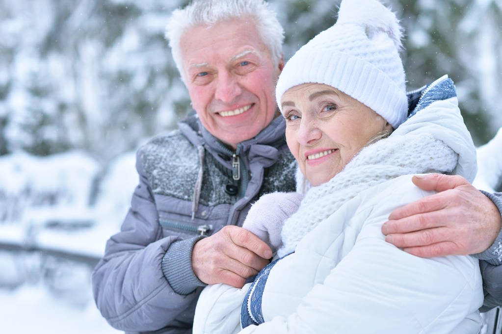 heureux senior couple posant en hiver à l'extérieur
 - Photo, image