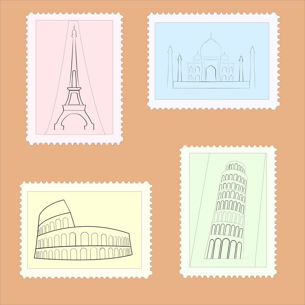 ベクトルの旅行郵便切手. - ベクター画像