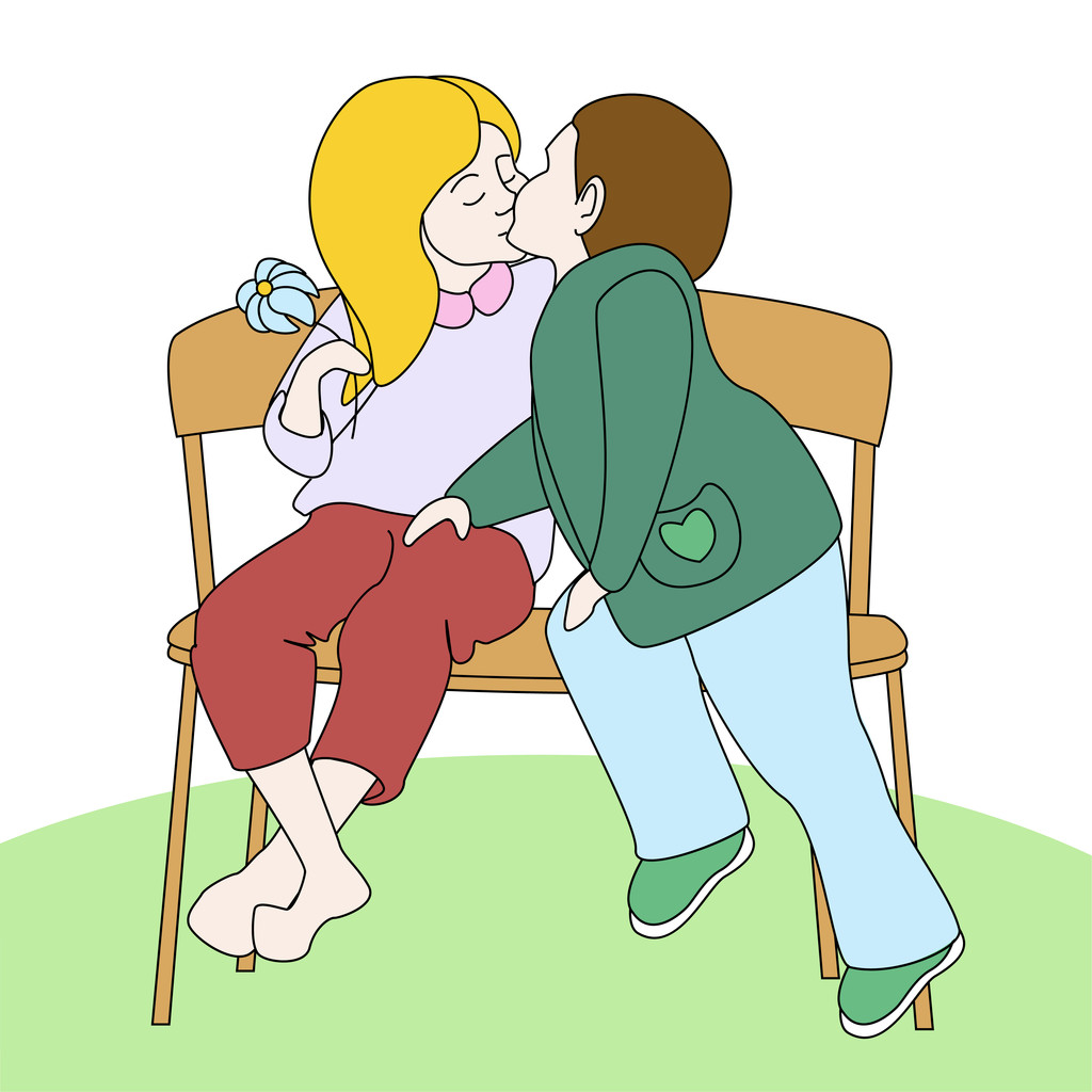 Хлопчик і дівчинка цілуються на лавці. Векторні ілюстрації
. - Вектор, зображення