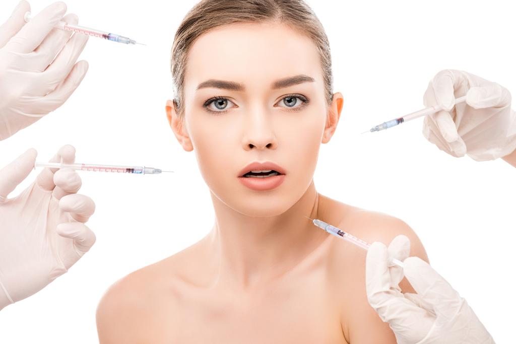 young girl with clean skin doing beauty injections, isolated on white - Photo, Image