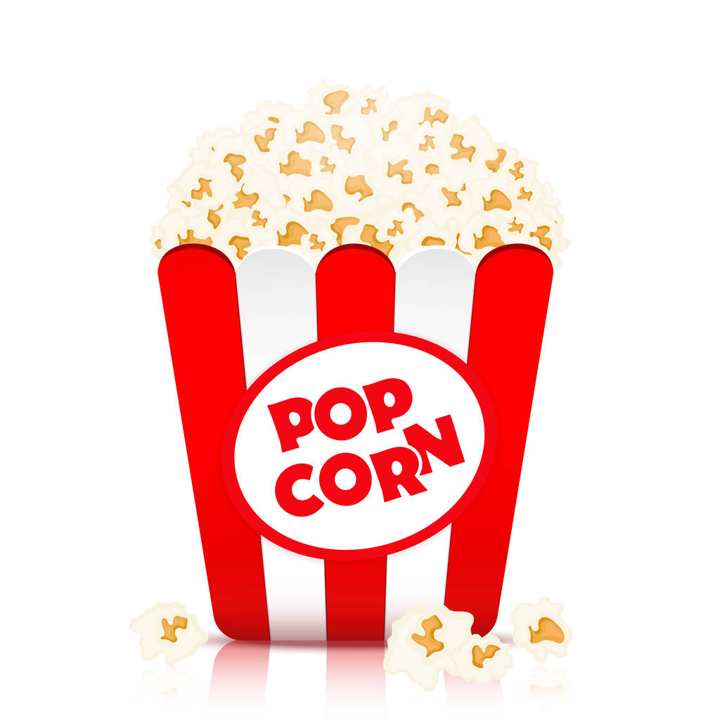 Vettore di popcorn, illustrazione realistica. Fiocchi di popcorn in un bicchiere di carta a strisce rosse e bianche, isolati su sfondo bianco
 - Vettoriali, immagini