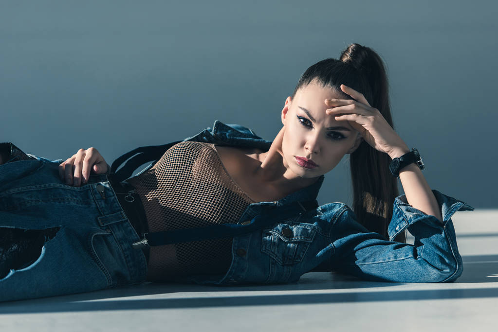 beautiful young woman posing in stylish denim clothes - Photo, Image