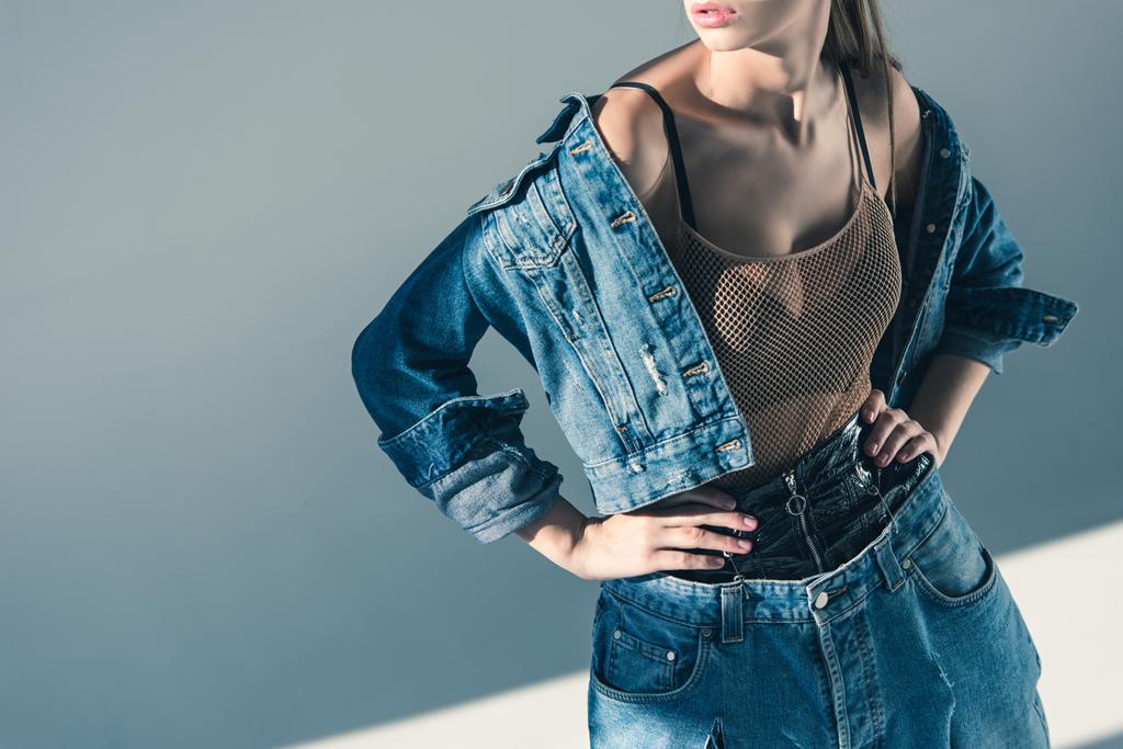 cropped view of fashionable model in denim style - Photo, Image