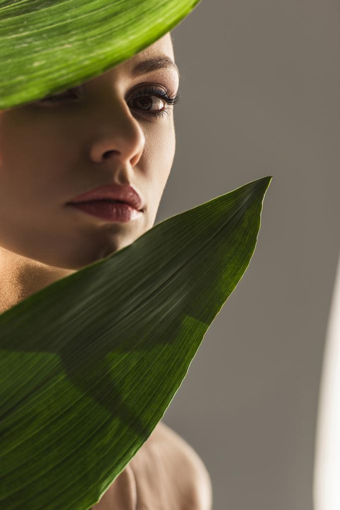attractive girl with green leaves, isolated on grey - Photo, Image