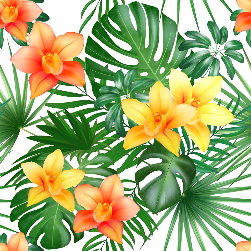 Tropische naadloze patroon met palmbladeren en bloemen. Vectorillustratie. - Vector, afbeelding