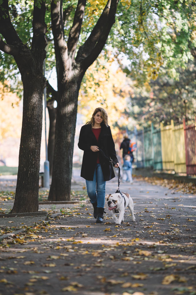 Pretty woman walking in park with her adorable English bulldog. Autumn time - Photo, Image