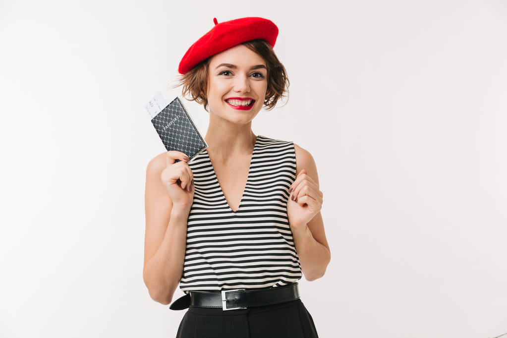 Portrait of a happy woman wearing red beret - Photo, Image