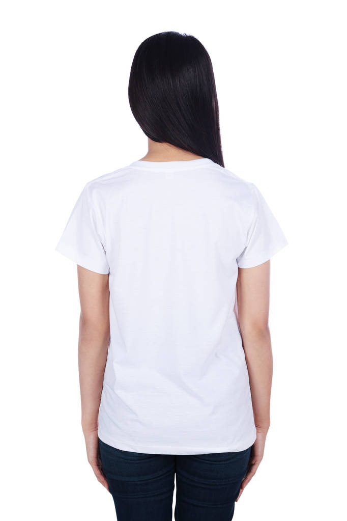 白い背景に分離された t シャツの女性 - 写真・画像