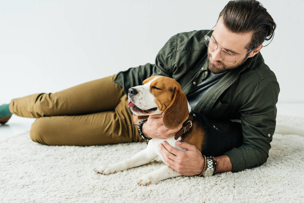 przystojny mężczyzna leży na dywanie z cute beagle - Zdjęcie, obraz