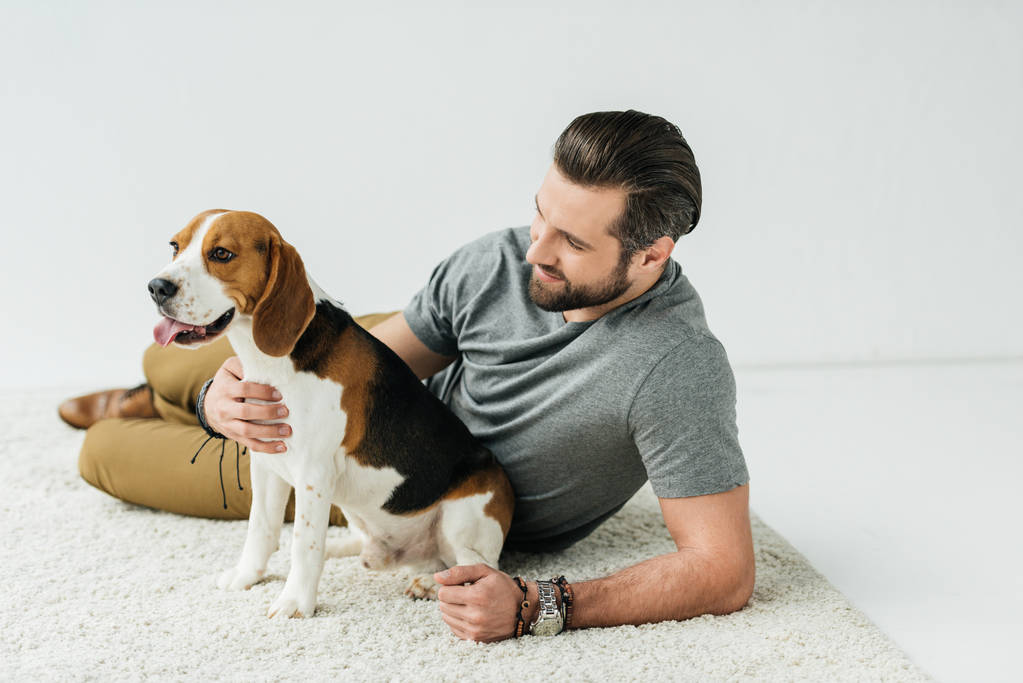schöner Mann umarmt niedlichen Beagle auf Teppich - Foto, Bild