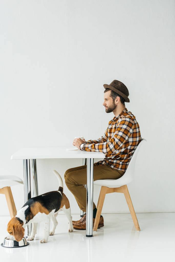 side view of man and dog at kitchen - Photo, Image