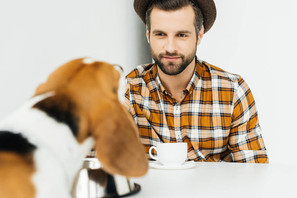 masada oturan ve köpeğe arayan adam - Fotoğraf, Görsel
