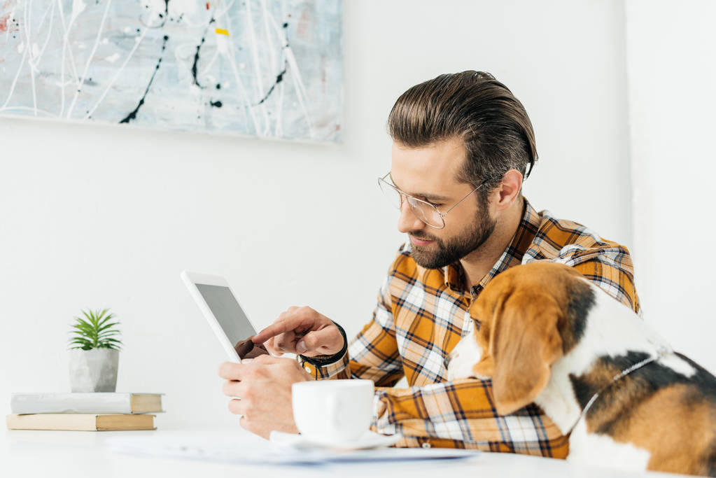 Geschäftsmann zeigt Hund etwas auf Tablet - Foto, Bild