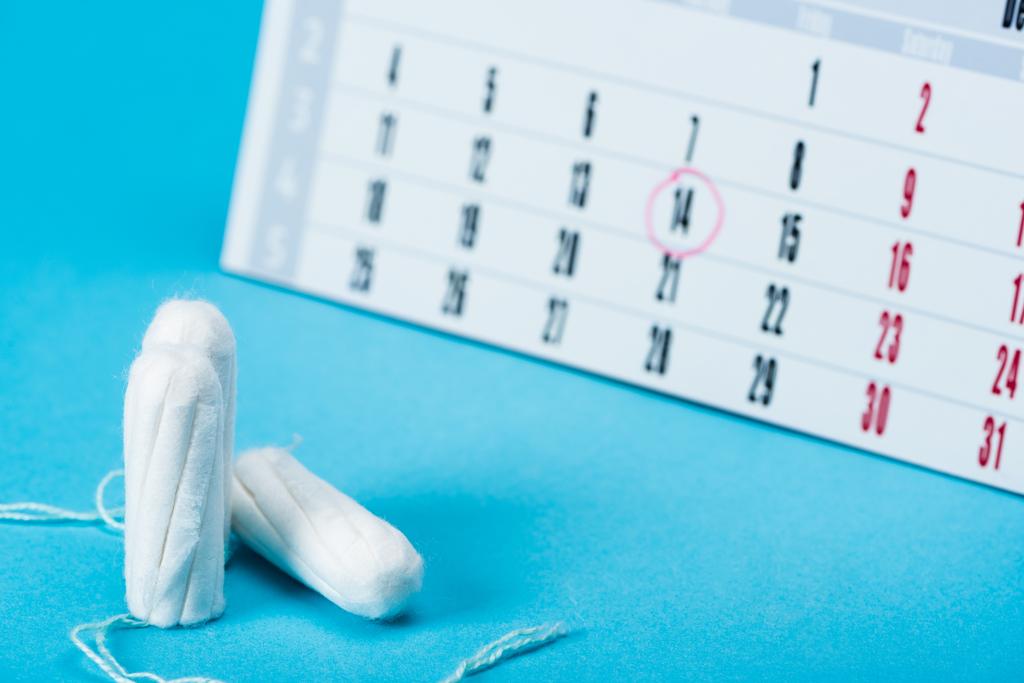 three menstrual tampons and calendar on blue - Photo, Image