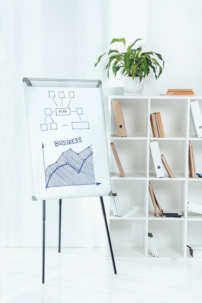 Whiteboard mit Businessplan und Holzregale mit Ordnern im Büro - Foto, Bild