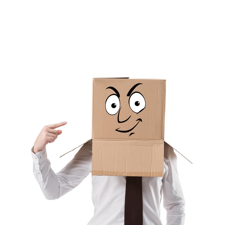 businessman pointing on cardboard box on his head isolated on white - Photo, Image