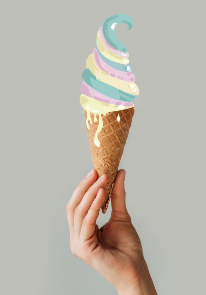 Cropped image of woman holding ice cream cone in her hand isolated on gray - Photo, Image