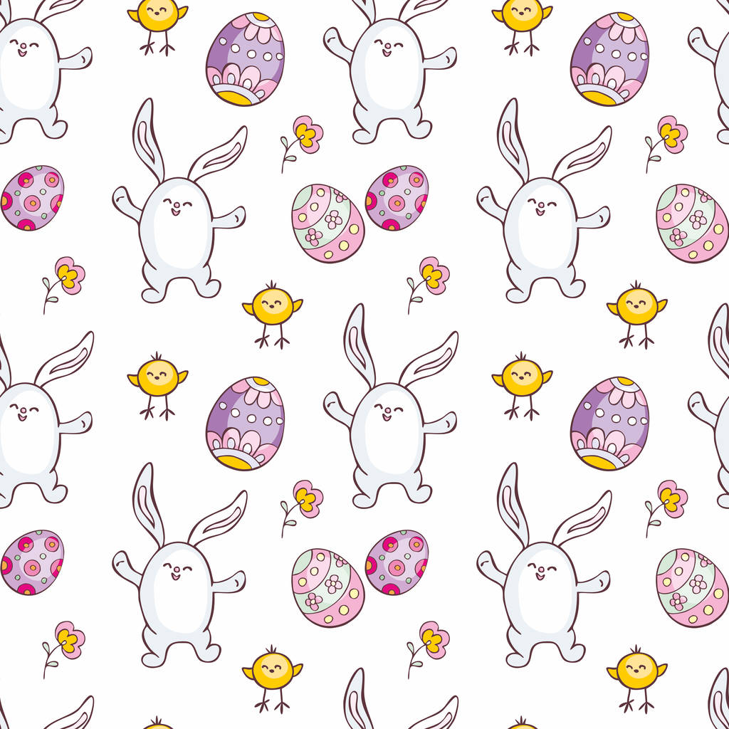 Patrón inconsútil colorido con la imagen de huevos de Pascua, conejos y pollos. Fondo vectorial
. - Vector, imagen
