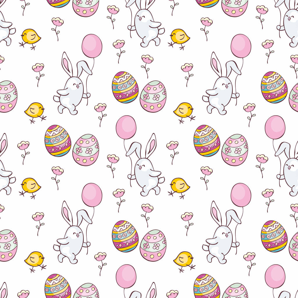Kleurrijke naadloze patroon met de afbeelding van Pasen eieren, konijnen en kippen. Vector achtergrond. - Vector, afbeelding