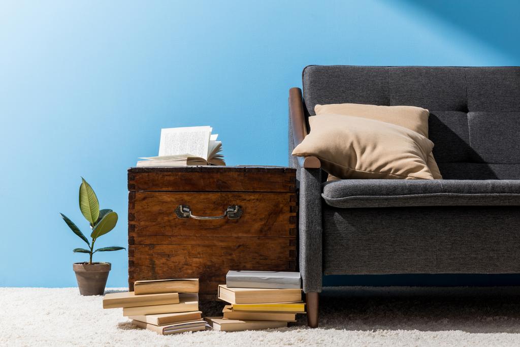 antiguo cofre de madera con libros cerca de sofá en frente de la pared azul
 - Foto, imagen
