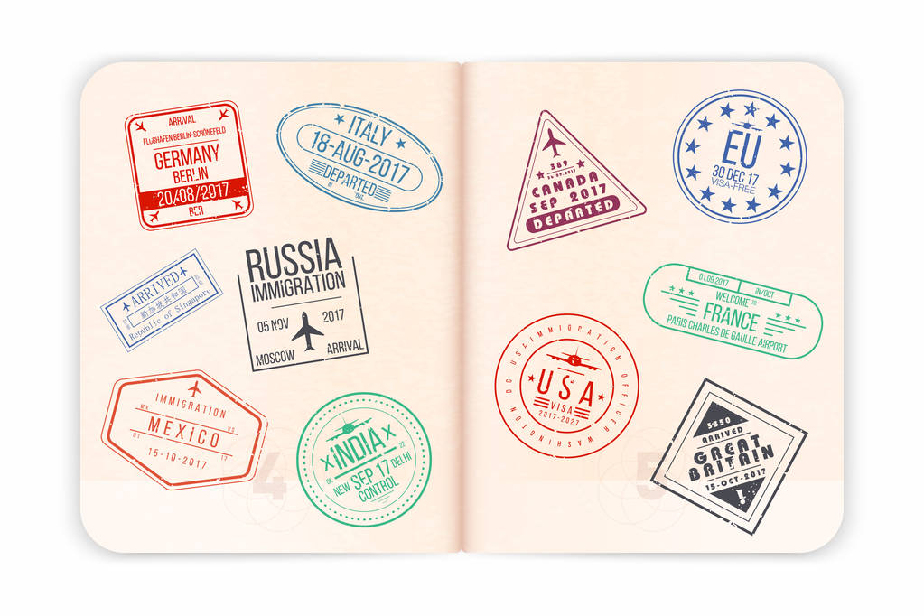 Vector passport with visa stamps. Open passport pages with airport visa stamps and watermarks - Vector, Image