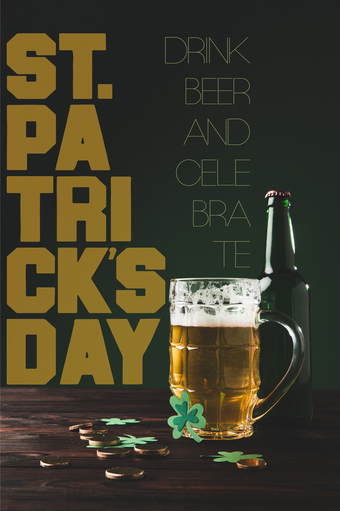 close up view of bottle and glass of beer on wooden tabletop with st patricks day lettering - Photo, Image