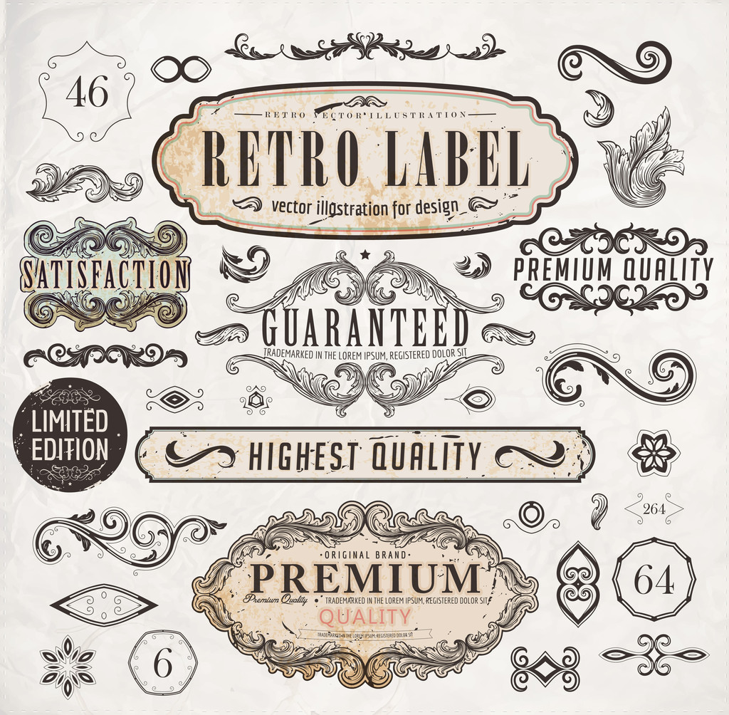 Vector set calligraphic design elements, engraving flowers and retro frames, Premium Quality and Satisfaction Guarantee vintage design Labels Old style, vector collection. - Vector, Image
