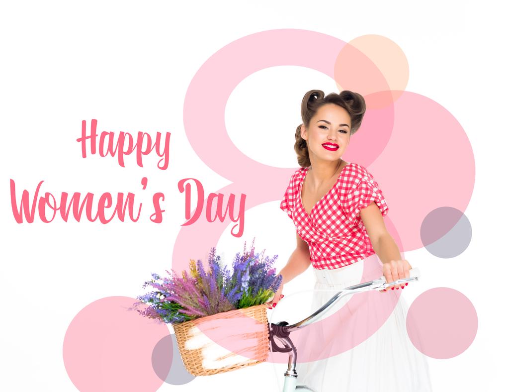 tarjeta de felicitación feliz día de la mujer con atractivo pin up mujer en bicicleta con cesta de flores aisladas en blanco
 - Foto, Imagen