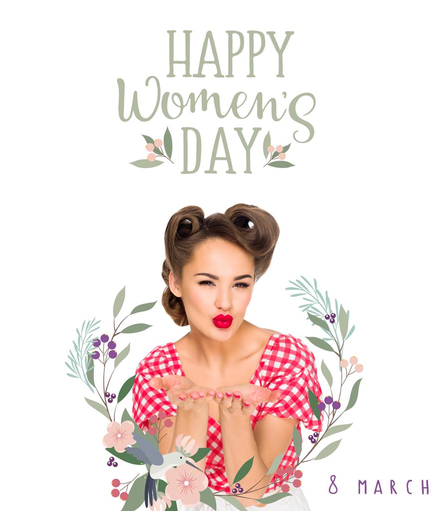 happy women`s day greeting card with attractive woman in retro style clothing blowing kiss isolated on white - Photo, Image