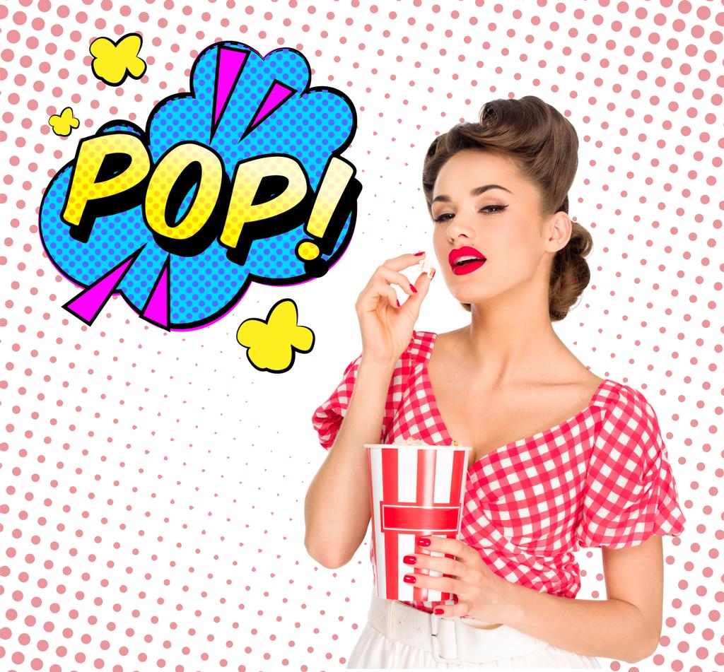 ritratto di bella giovane donna con popcorn e segno pop stile comico isolato su bianco
 - Foto, immagini