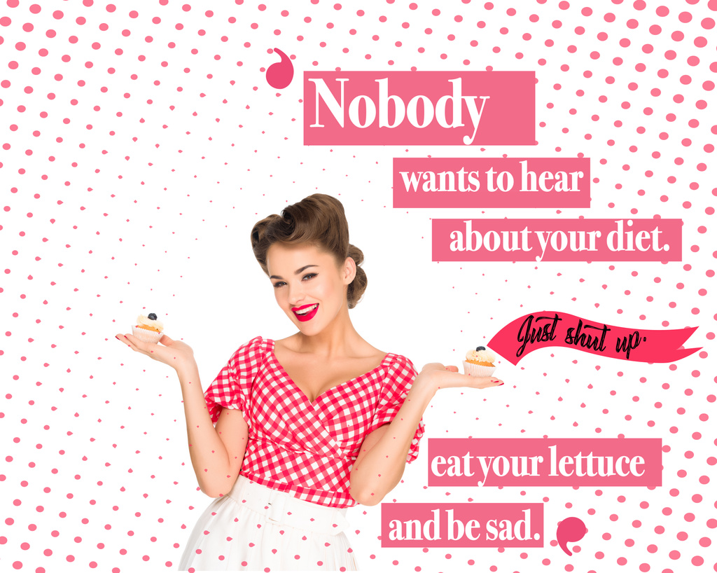 portrait of beautiful woman in pin up clothing with cupcakes and body positive quote - Photo, Image